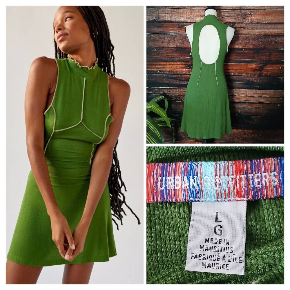 Urban Outfitters UO Dress L Green Stretchy Viscose Cut Out Back Seamed